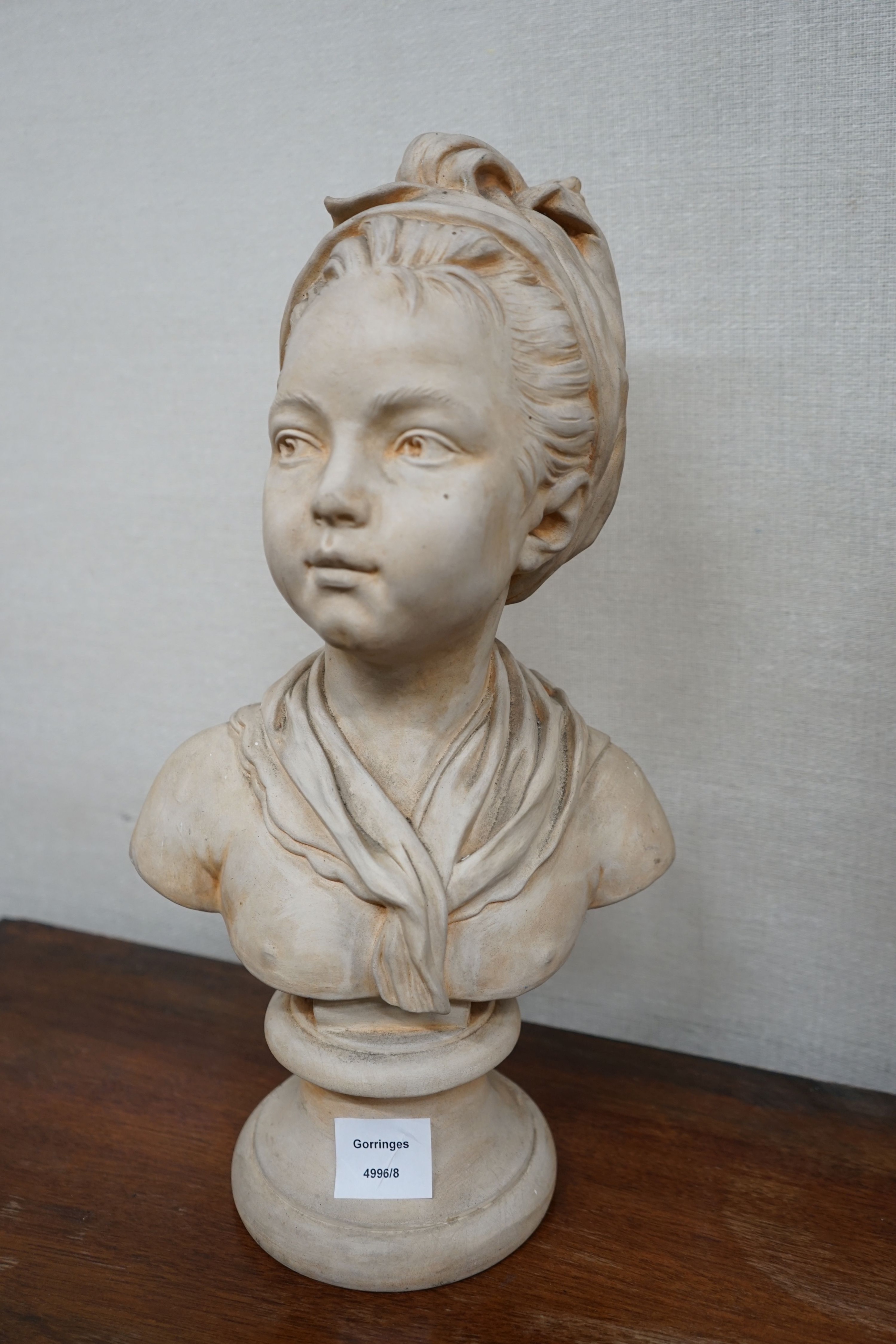 After Houdon - a pair of French painted terracotta busts of Louise and Alexandre Brongniart, larger height 46cm